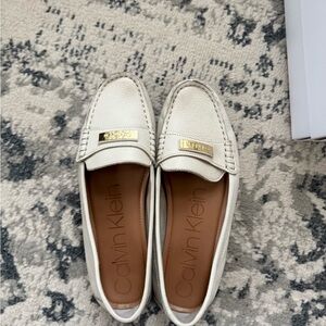Calvin Klein Women's White Loafers with Gold Accent